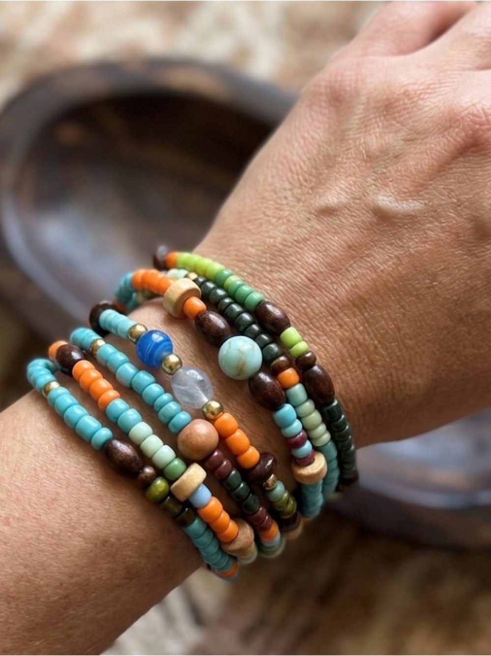 2 in 1 Handcrafted Multicolor Beaded Wrap Bracelet - Turquoise, Orange & Brown